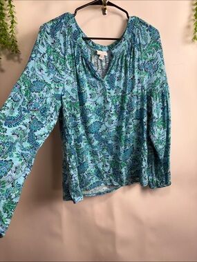 J. Jill Blue and Green Paisley V-Neck Long Sleeve Blouse